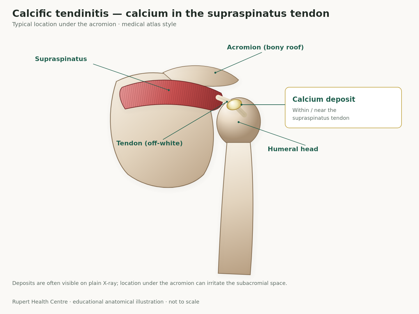 Anatomical illustration showing a calcium deposit inside the supraspinatus tendon beneath the acromion of the shoulder.
