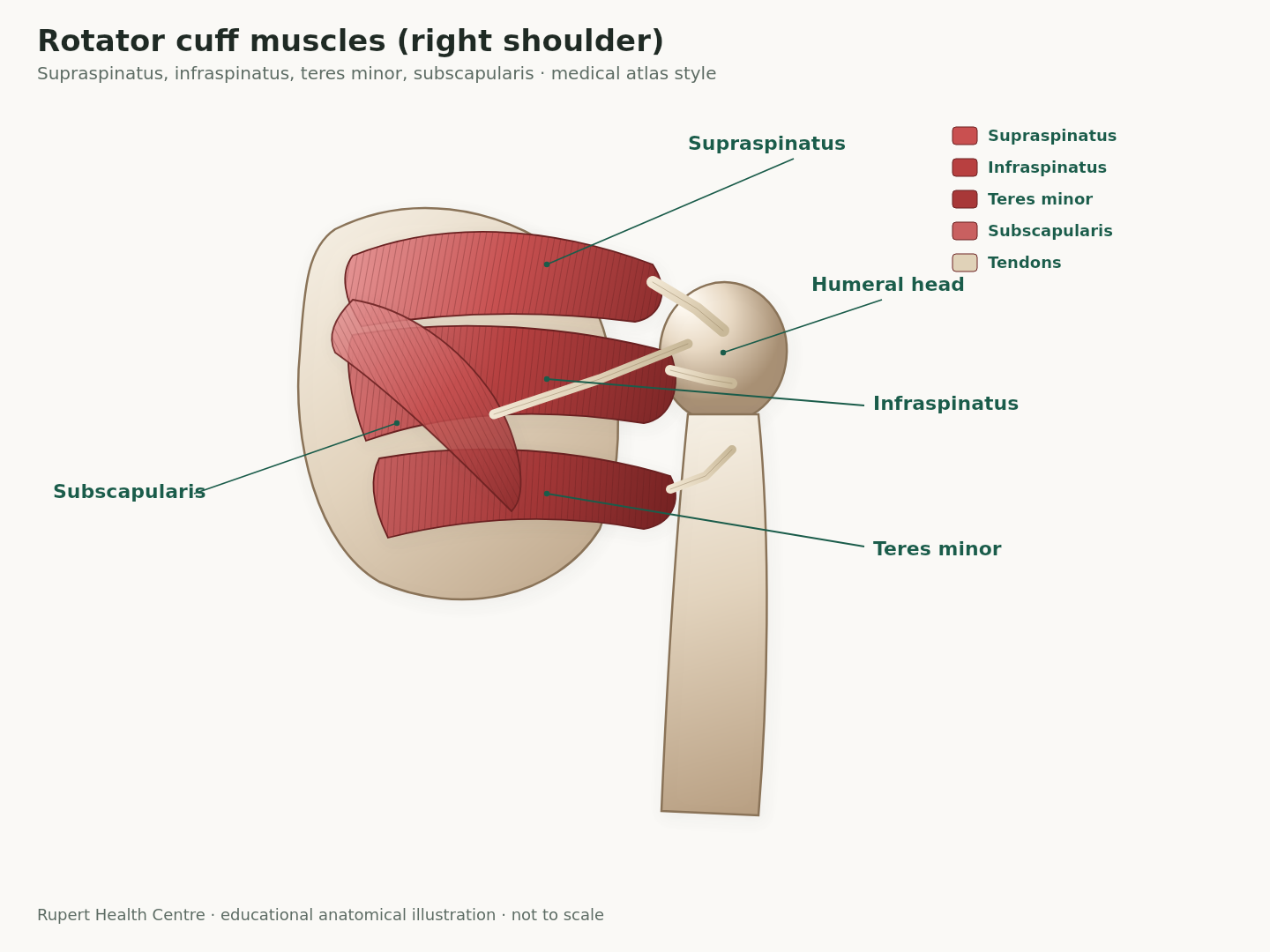 Labeled anatomical illustration of the four rotator cuff muscles: subscapularis, supraspinatus, infraspinatus and teres minor around the right humeral head.